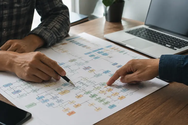 Developer reviewing database taxonomy and URL parameters during advanced SEO technical audit