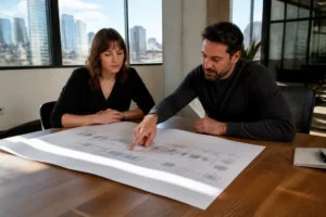 Marketing professionals reviewing website architecture charts to evaluate advanced SEO services in a bright office