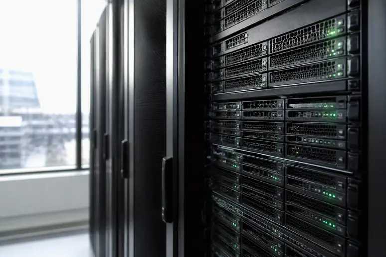 Server rack in a datacenter illustrating the infrastructure behind standard web hosting tiers