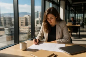 Marketing professional analyzing web infrastructure notes for the best cheap hosting setup in a Denver office