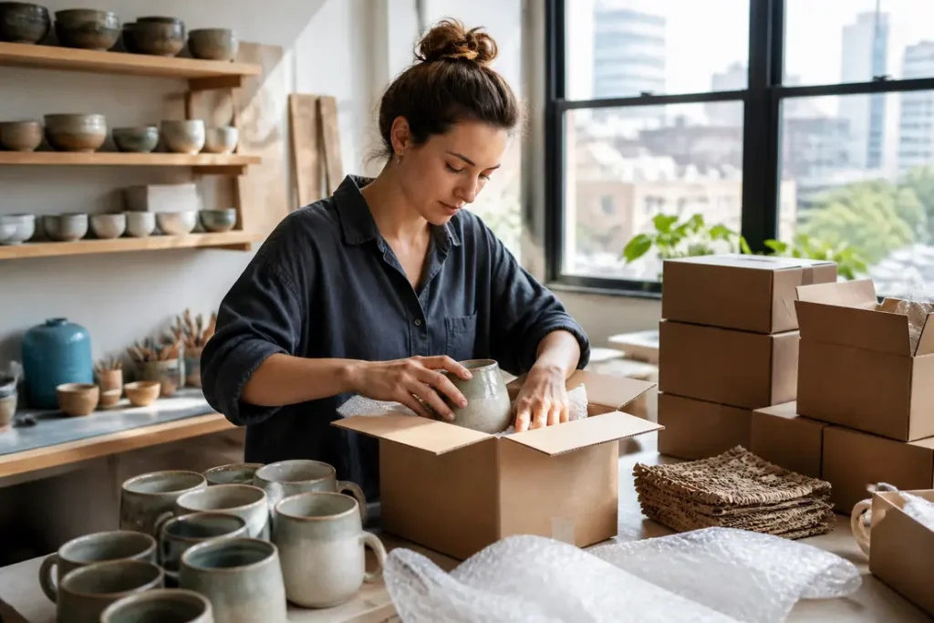artisan packaging handmade ceramics in a Denver studio for big cartel vs etsy comparison