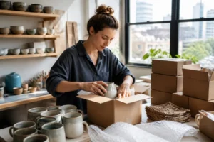 artisan packaging handmade ceramics in a Denver studio for big cartel vs etsy comparison