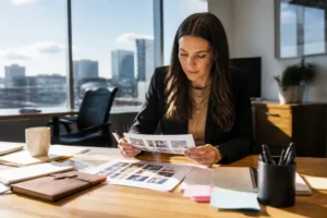 Marketing professional reviewing printed profile layout to beat the clubhouse club description limit in an office