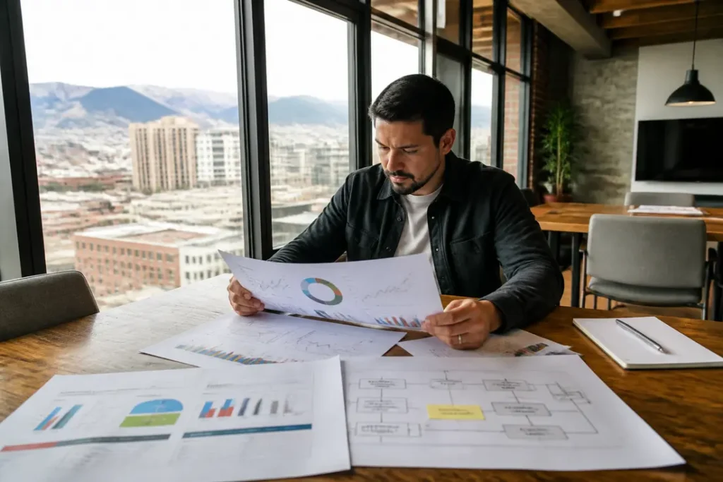 Professional team working through a detailed ecommerce SEO audit checklist in an office