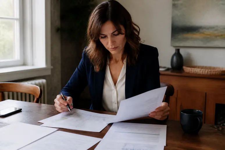 Marketing strategist reviewing agency pricing models and retainer agreements at a desk