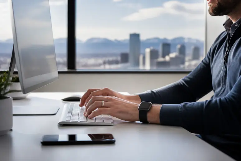 Digital marketer typing on a keyboard to optimize an instagram business page profile settings.