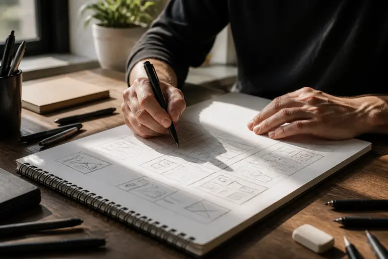 Creative professional sketching content layouts to grow instagram business page engagement organically.