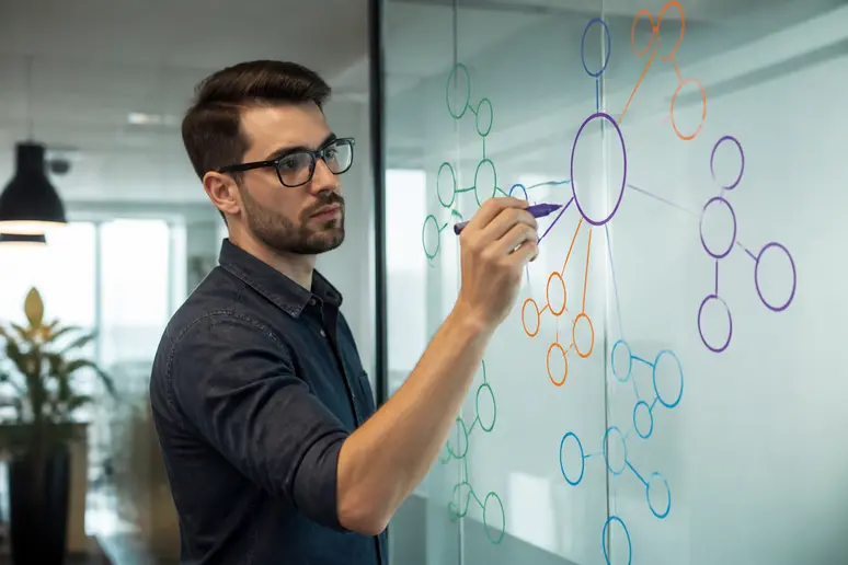 Digital strategist mapping topical authority topic clusters on a white board