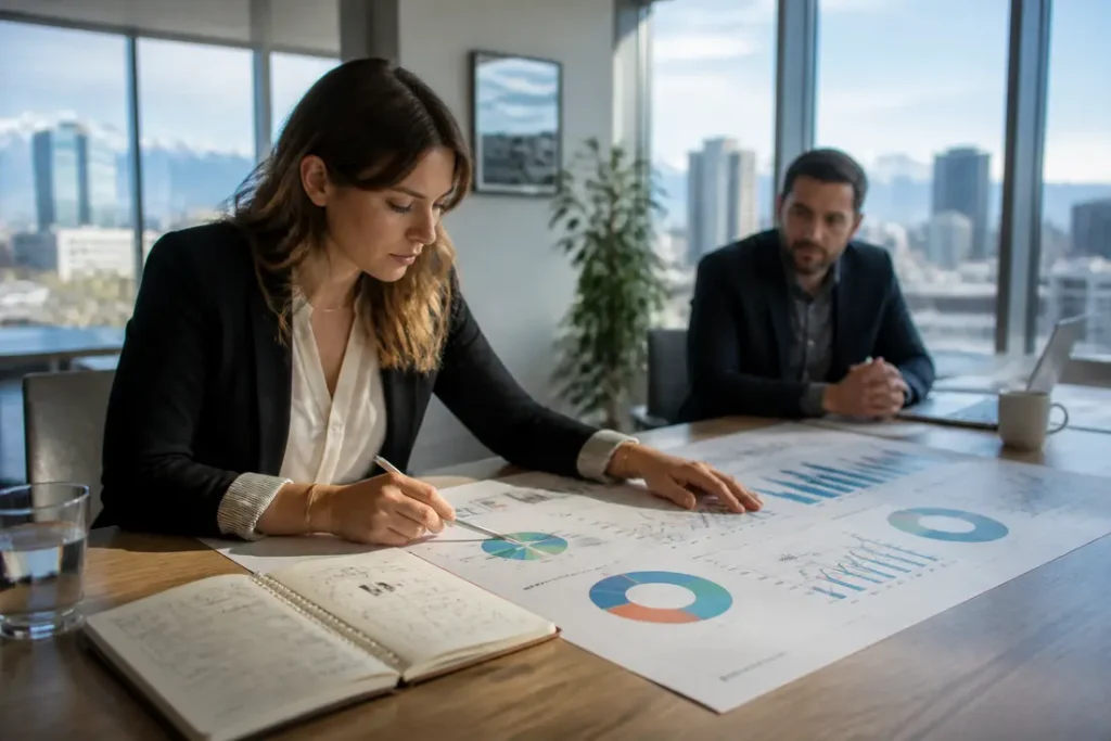 Marketing professionals reviewing printed website analytics reports to learn how to increase website authority effectively.