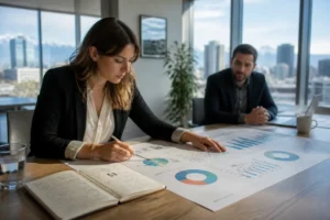 Marketing professionals reviewing printed website analytics reports to learn how to increase website authority effectively.