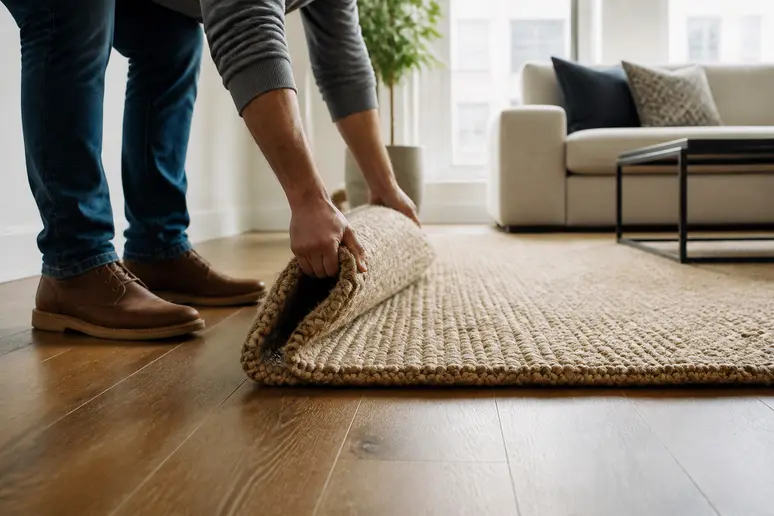Placing a thick area rug over a hard floor to minimize echo in a room