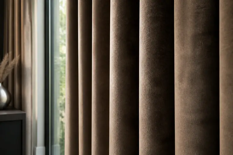Heavy pleated curtains hanging over a window to minimize echo in a room