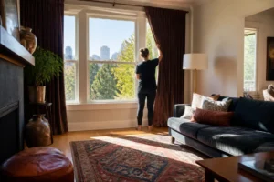 A person adjusting heavy curtains in a living room to learn how to minimize echo in a room