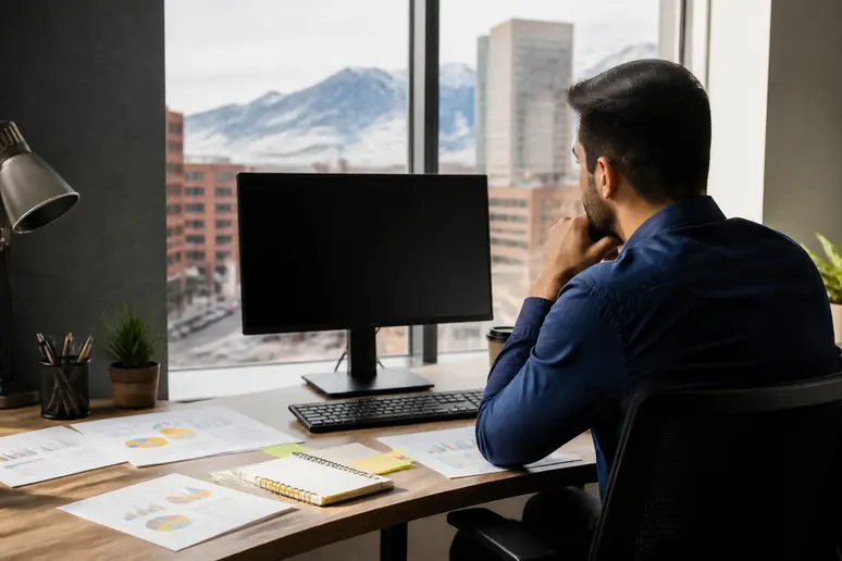 Digital marketing specialist reviewing brand reputation metrics and suppression reports at a desk