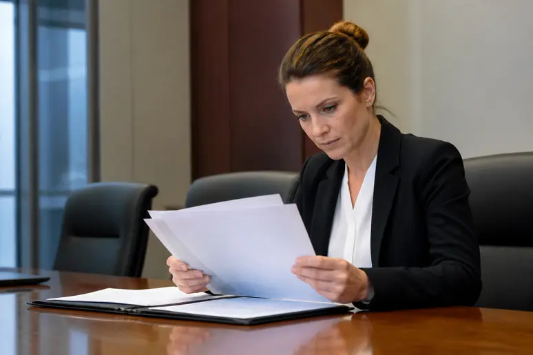 Compliance officer examining search engine policy documents and removal request guidelines