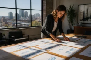 Marketing professional reviewing printed web analytics reports to recover not provided keywords in an office
