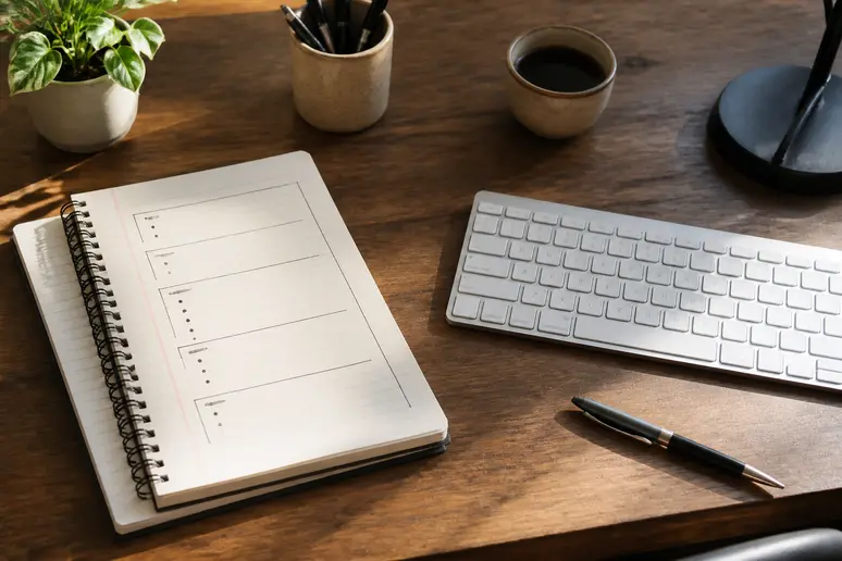 Writer organizing content workflow steps in a physical outline notebook during a focus session.