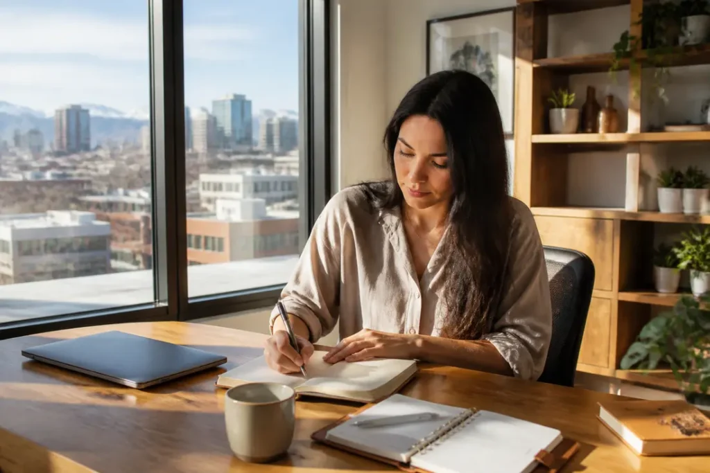 A professional planner developing a web content writing routine at a wooden desk with a notebook