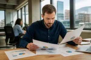 Professional reviewing marketing analytics data for email list building tips in a bright office.