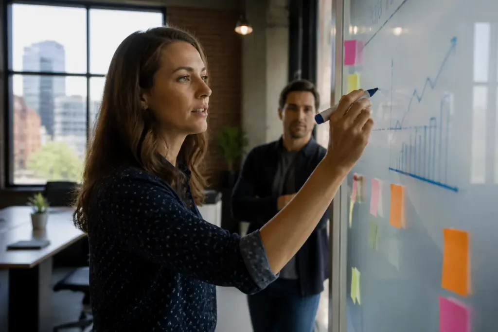 Marketing professional analyzing product adoption metrics small budget on a glass whiteboard