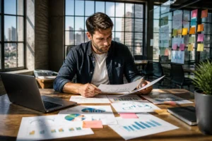 Digital marketing professional analyzing performance data for resource page link building strategies in an office