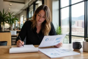 Digital strategist analyzing SEO copy that converts on printed reports in an office