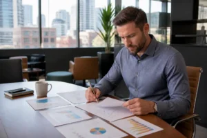 Digital strategist reviewing performance metrics on a printed SEO monthly report sample in a Denver office