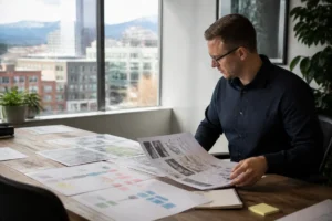 Digital strategist reviewing printed site maps during a website redesign recovery process