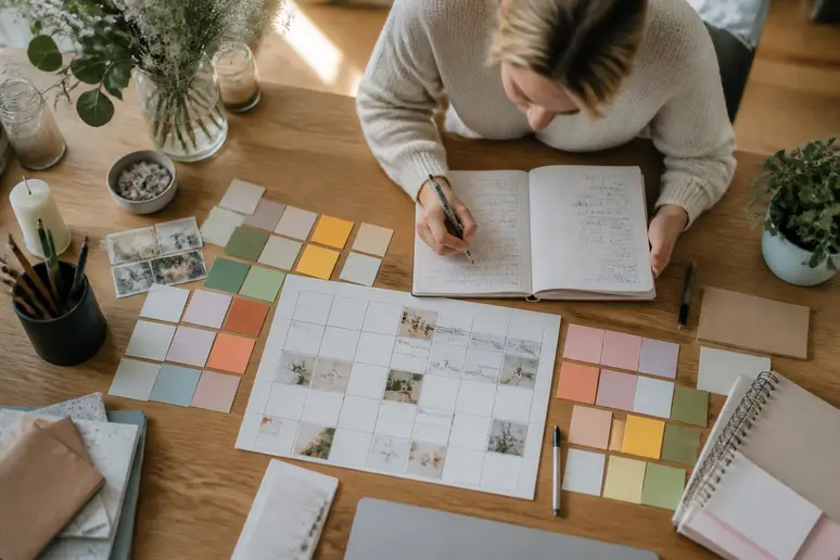 Content planning workflow and categorized editorial notes on a creator desk