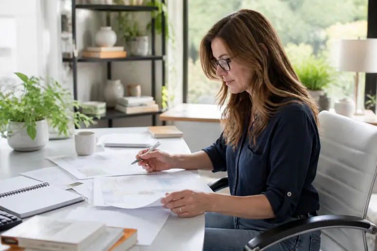 Solo publisher organising strategic topic allocation in a home studio workspace