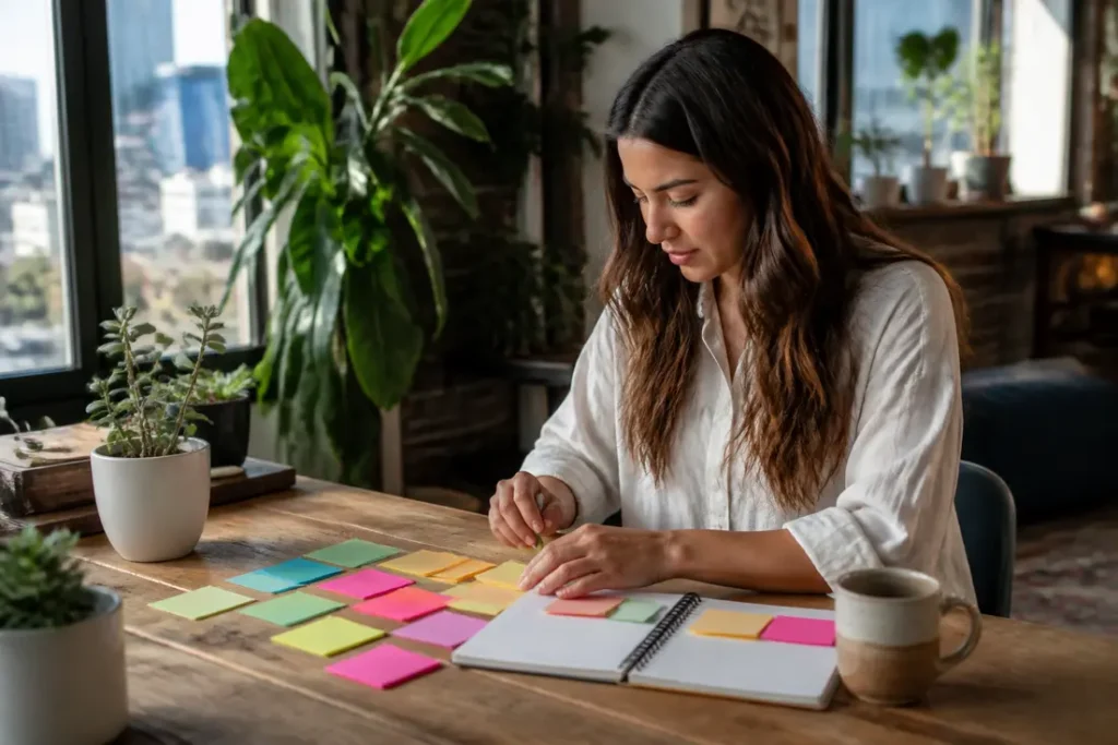 A content creator organizing a physical planner to avoid burnout while managing what is a lifestyle blog.