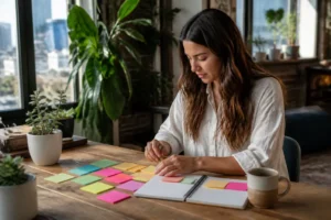 A content creator organizing a physical planner to avoid burnout while managing what is a lifestyle blog.
