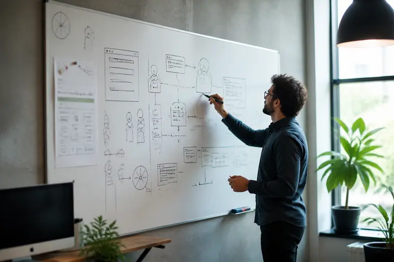 Content writer planning an SEO article strategy on a whiteboard for inbound traffic growth