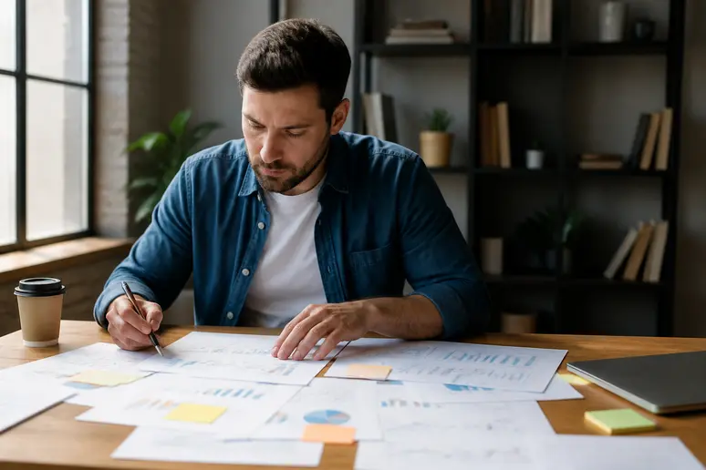Copywriter reviewing sales page conversion metrics and direct-response messaging on a desk
