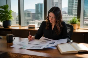 A professional reviewing marketing drafts at a desk, highlighting the differences in content writer vs copywriter strategies