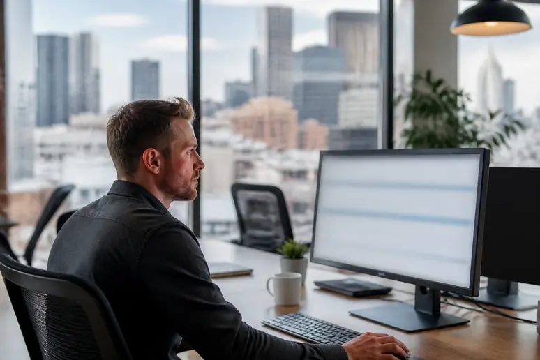 Digital marketer analyzing link data metrics on a modern software dashboard screen.