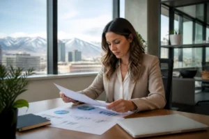 Digital marketing strategist reviewing SEO performance reports using the best automated backlink tools in a Denver office