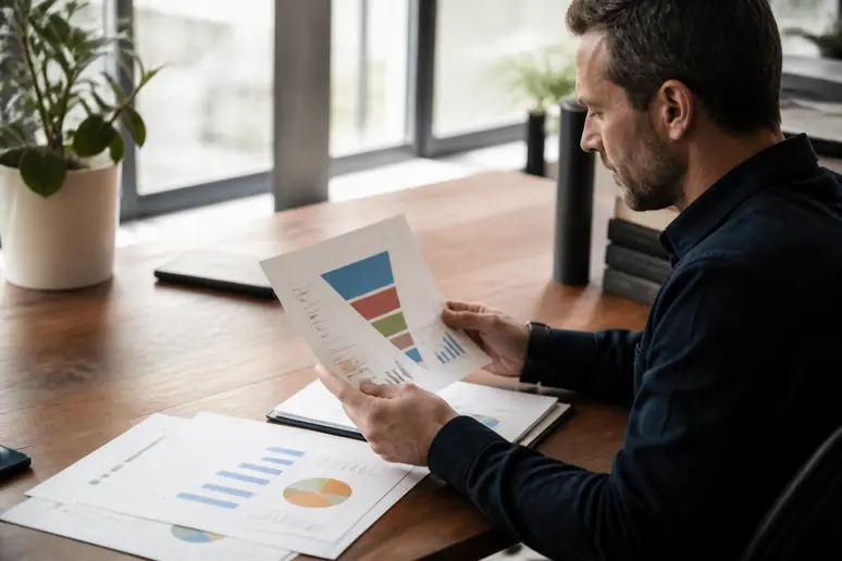 Revenue analyst reviewing B2B content marketing performance metrics on a printed report