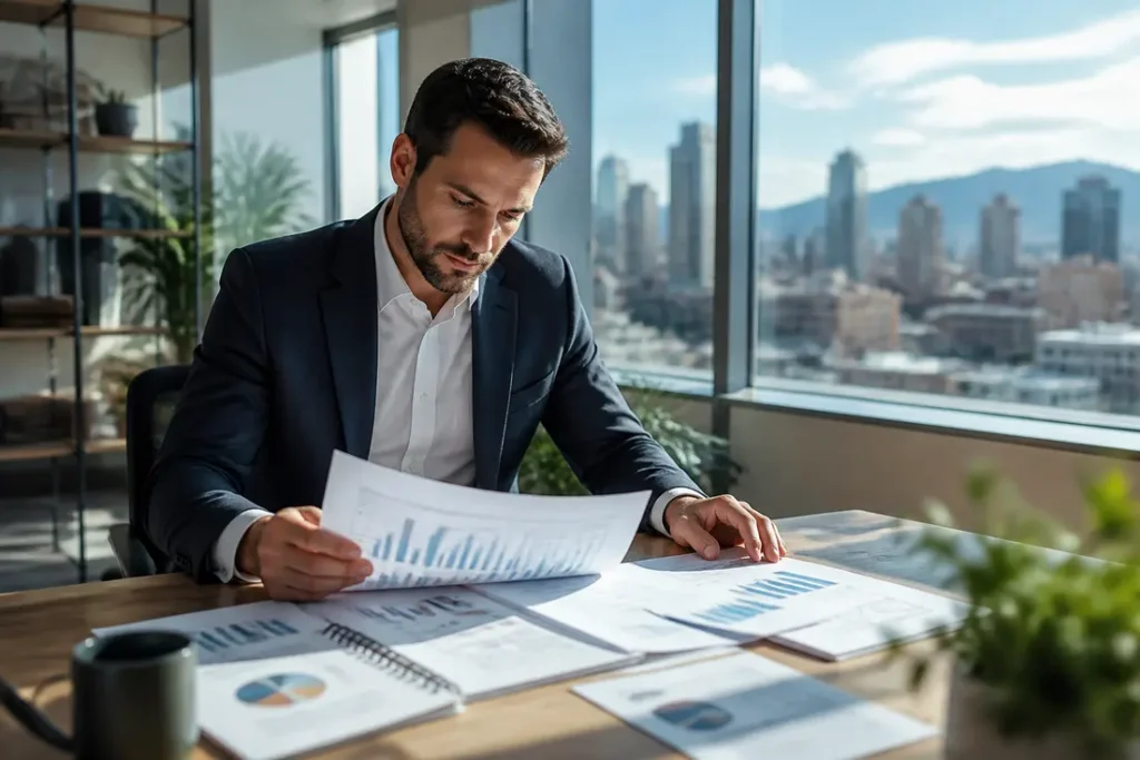 Marketing strategist reviewing printed pipeline data for effective b2b content marketing examples in a modern office