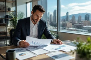 Marketing strategist reviewing printed pipeline data for effective b2b content marketing examples in a modern office