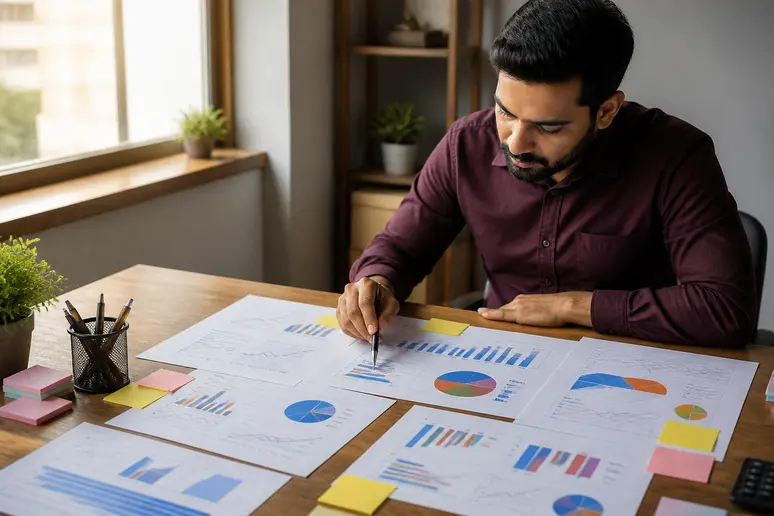 Digital strategist reviewing traffic and conversion data sheets on a wooden desk