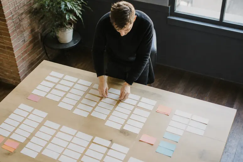 Marketing team organizing keyword intent and funnel stages on physical strategy cards