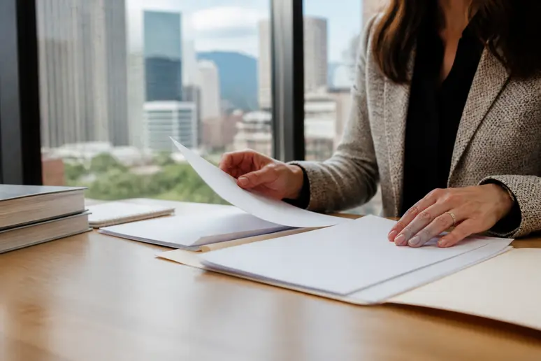 Professional reviewing printed documents and editorial guidelines for news article removal requests.