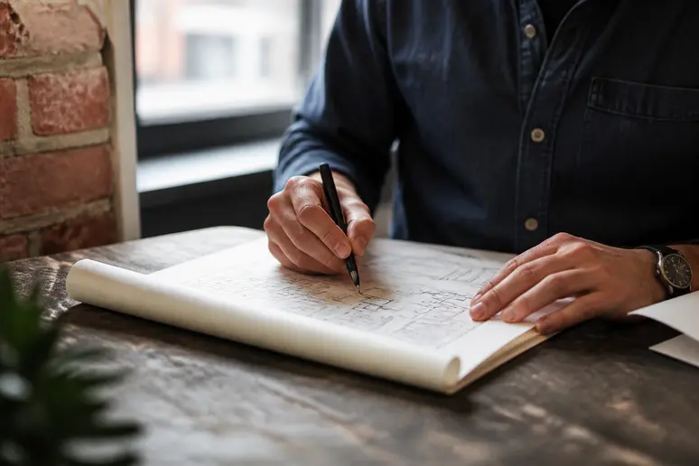 Digital strategist sketching website architecture to suppress negative news search results.