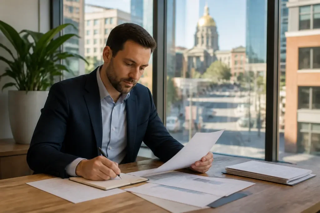Professional reviewing printed documents at a desk while learning how to get news article removed offline