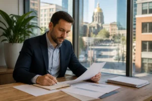 Professional reviewing printed documents at a desk while learning how to get news article removed offline