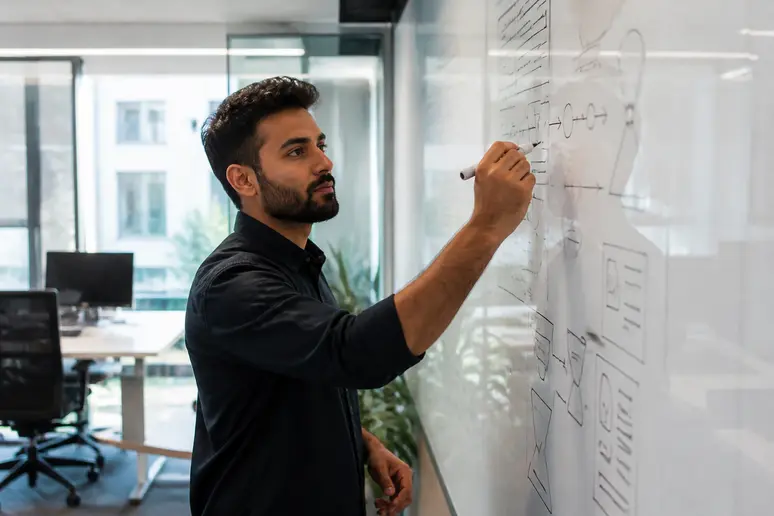Digital strategist mapping out an inbound and outbound client pipeline for SEO services