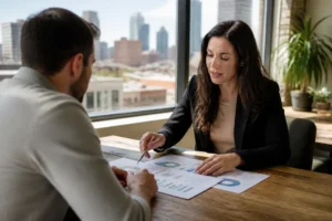 A consultant reviewing marketing strategies with a client using printed notes on how to sell seo services local businesses