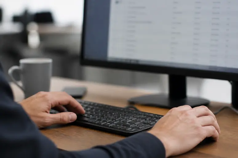 Hands typing DNS configuration records into a domain registrar management dashboard