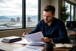 A professional analyzing data for the Nordstrom Rack affiliate program in a modern office.